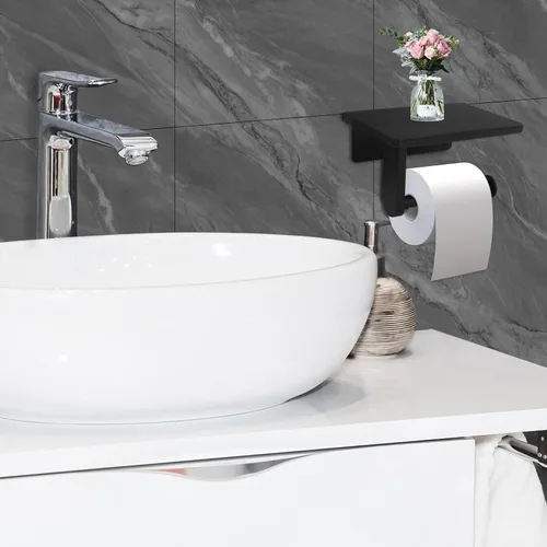 Miniatura 8 de Soporte de papel higiénico con estante de mármol para baño, soporte de papel higiénico montado en la pared adecuado para mega rollo