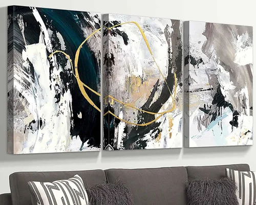 Miniatura 9 de GIFTTWART Arte abstracto de gran tamaño para pared, pintura en lienzo negro, blanco y dorado con aspecto texturizado para decoración de sala