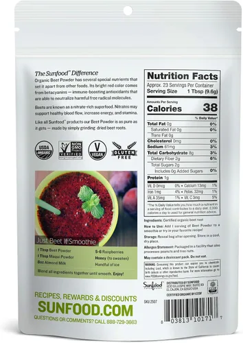 Miniatura 2 de Sunfood Superfoods Polvo de raíz de remolacha orgánica – Remolacha para jugos y batidos, colorante natural de alimentos para hornear, certificado