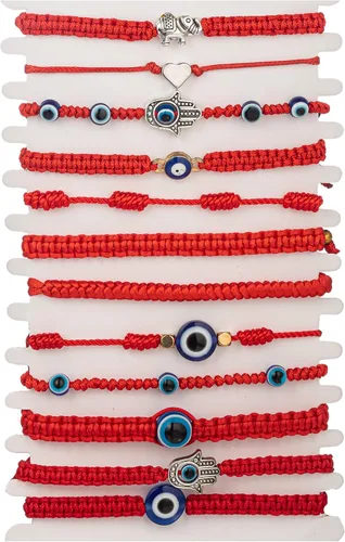 kelistom 12 pulseras contra el mal de ojo, pulseras de Mal de Ojo, cuerda roja y negra, 7 nudos, elefante Hamsa, abalorios de mano a juego para
