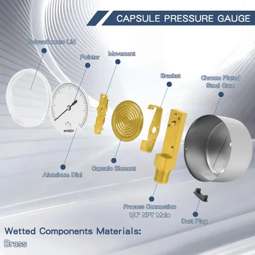 Miniatura 3 de Medidor de baja presión de 0-5 psi, medidor de cápsula con caja de acero inoxidable 304, tamaño de dial de 2.5", montaje inferior NPT de 1/4