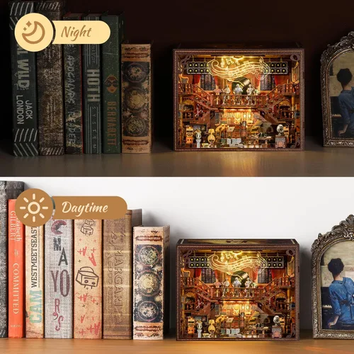 Miniatura 6 de Kit de Rincón de Lectura - Rompecabezas 3D de Madera para Adultos y Adolescentes, Inserción de Estantería Miniatura de Manualidades con Luz LED