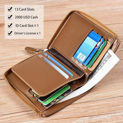 Miniatura 5 de Nucery Billeteras con cremallera para hombre, con bloqueo RFID, de gran capacidad, carteras de cuero con 15 tarjeteros de crédito, Marrón, Moda