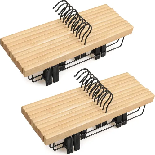 Miniatura 9 de TOPIA HANGER Perchas para pantalones, paquete de 10 perchas de bambú con clips negros y gancho giratorio, perchas duraderas de madera natural