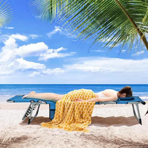 Miniatura 2 de Tangkula Sillón de playa, silla de bronceado plegable al aire libre con agujero para la cara/brazo, 2 asas de transporte, almohada, respaldo Azul