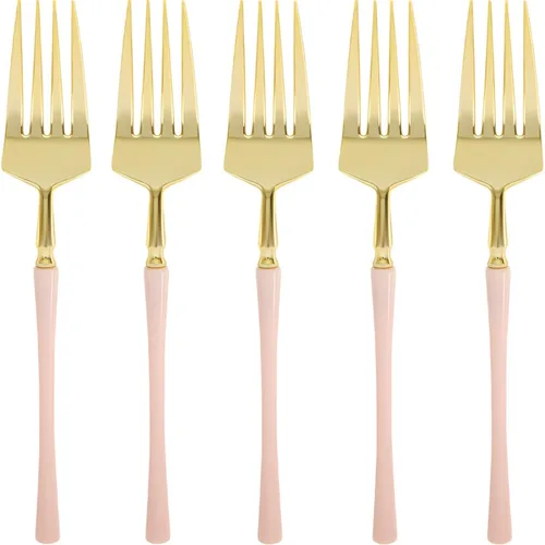 Blue Sky Infinity Flatware - Tenedores de ensalada dorados y rosados, 20 unidades, lujosos cubiertos de plástico desechables para fiestas y eventos