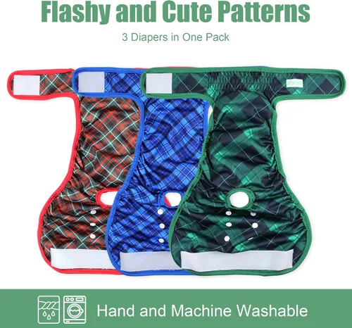 Miniatura 2 de Wegreeco Pañales lavables para perras (3 unidades) – Altamente absorbentes, para perros en celo o micción excitable (azul, verde, rojo a cuadros, S)
