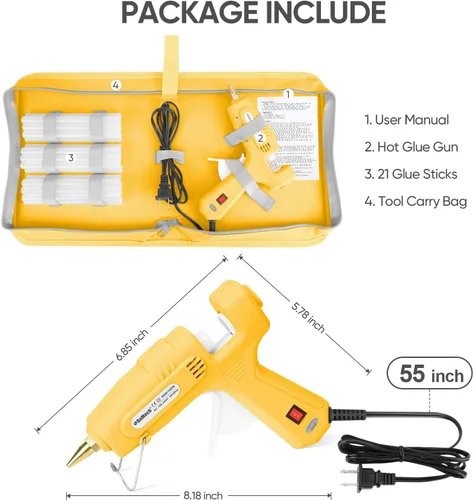 Miniatura 5 de ROMECH Pistola de pegamento caliente de tamaño completo con 60/100 W de doble potencia y 21 barras de pegamento caliente (7/16 pulgadas), Amarillo