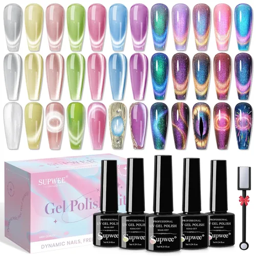 Miniatura 11 de Esmalte de uñas de gel reflectante de ojo de gato, brillante holográfico magnético, gel 9D, juego de esmaltes de gel de ojo de gato, 12