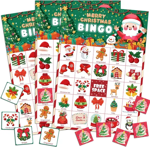 OHOME Juegos de Navidad | Bingo de Navidad para niños – 24 jugadores, manualidades de Navidad, actividades, regalos de fiesta para familias, regalos