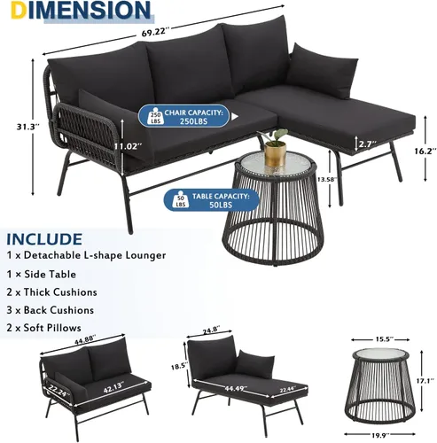 Miniatura 3 de EROMMY - Juego de 3 piezas de patio para conversar, juego seccional en forma de L de muebles de patio con sofá, cojines gruesos y mesa auxiliar