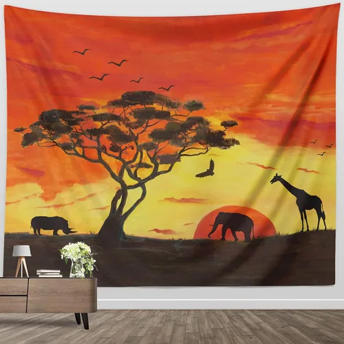 BROSHAN Tapiz de animales pequeños, pintados a mano con diseño de safari africano, elefante, árbol, silueta de árbol, tapices de tela para colgar en