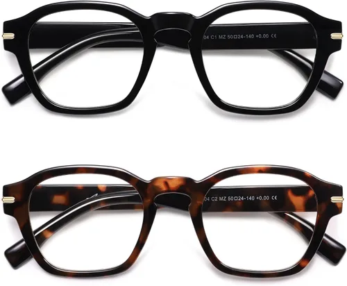 AMOMOMA Paquete de 2 lentes de lectura cuadrados retro para mujeres y hombres, marco de lectura de computadora con luz azul AM6204
