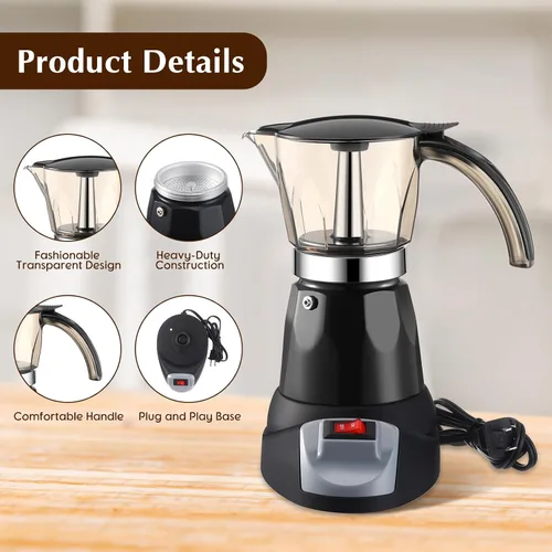 Miniatura 3 de Cafetera Eléctrica de Espresso Transparente Cafetera Eléctrica de Moka Portátil de Aluminio Cafetera Italiana de Moka con Base Desmontable, Regalo