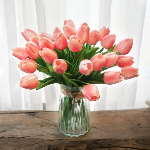 KOILLUXU Flores artificiales, 30 ramos de tulipanes de tacto real de 14 pulgadas de alto, tulipanes falsos de poliuretano rosa melocotón para
