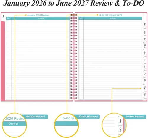 Miniatura 3 de Agenda mensual 2026-2027, calendario mensual de 18 meses, enero 2026 a junio 2027, dos páginas por mes, agenda de 9 x 11 pulgadas con pestañas, Rosa