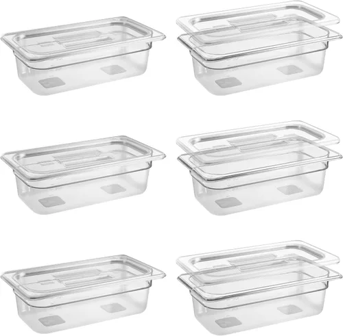 Paquete de 6 sartenes transparentes de 1/3 de 4 pulgadas con tapas, recipientes de almacenamiento de alimentos transparentes de policarbonato 34/36
