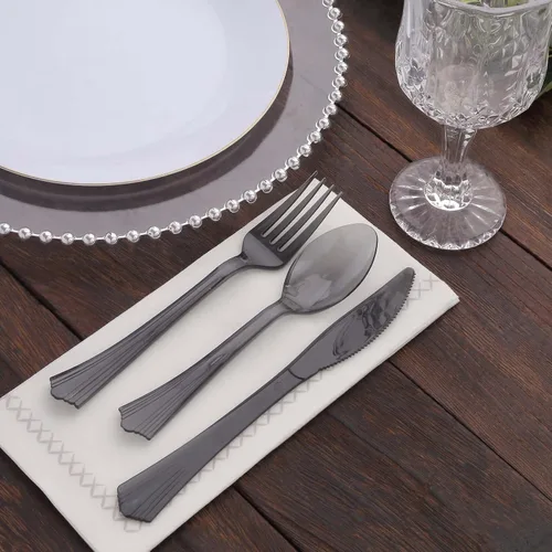 Miniatura 2 de Efavormart - Juego de 24 cubiertos de plástico transparente negro resistente con mango de punta acampanada, cuchara de tenedor desechable