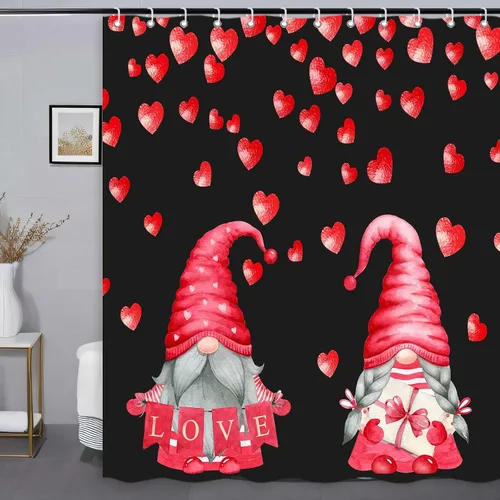 Miniatura 8 de Cortina de ducha de gnomo de San Valentín, decoración romántica de baño con corazones rojos, juego de cortinas de baño rojas y negras, decoración