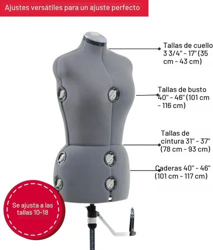 Miniatura 2 de SINGER Maniquí femenino ajustable gris para vestidos, tallas 10-18, apto para clavar alfileres, torso con guía de dobladillo de 360 grados, exterior