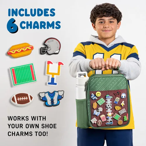 Miniatura 2 de Fit & Fresh Lonchera personalizable con dije para niños y niñas, lonchera infantil de fútbol con 6 dijes deportivos, bolsa de almuerzo reutilizable