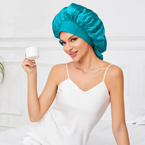 Miniatura 2 de Gorro de satén de seda para dormir, doble capa de pelo grande para mujeres y hombres, cabello rizado natural