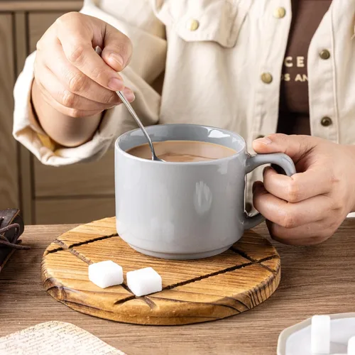 Miniatura 4 de GBHOME Juego de 6 tazas de cerámica apilables de 14 onzas, tazas de café modernas para bebidas calientes, color gris, 14 onzas líquidas, 6