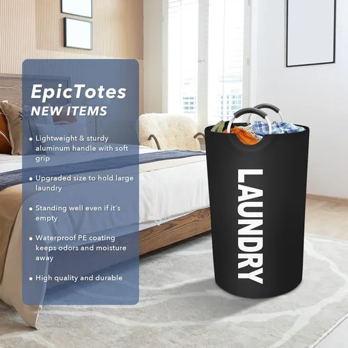 Miniatura 6 de Cesta de lavandería grande de 90 litros, cesta de lavandería impermeable independiente, cesta plegable para ropa alta, fácil de transportar con asas