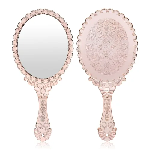 YUSONG Espejo de mano vintage con asa – Espejos de mano de viaje para mujer, color oro rosa, flor en relieve, espejo de princesa portátil para mesa