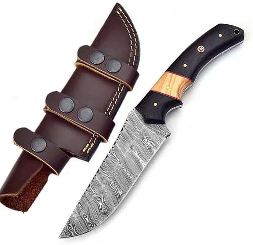 Cuchillo de acero de Damasco hecho a mano para caza, cuchillo de hoja fija para camping, supervivencia y actividades al aire libre, 10 pulgadas de