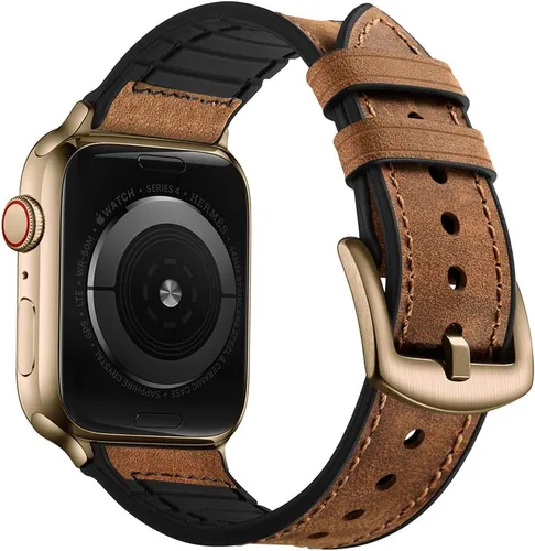 Miniatura 25 de OUHENG Correas de cuero compatibles con Apple Watch de 42mm 41mm 40mm 38mm, correa híbrida de cuero genuino y goma para iWatch Series 11 10 9 8 7 6