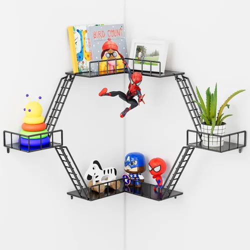 Miniatura 7 de Estante de pared Fire Escape – Estantes de pared esquineros de 4 niveles de estilo urbano moderno, estante de escalera de metal fácil de instalar