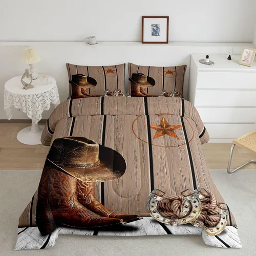 Miniatura 2 de Juego de edredón de vaquero, tamaño King, juego de ropa de cama de herradura con estrellas del oeste de Texas para adultos, hombres y niños, ropa