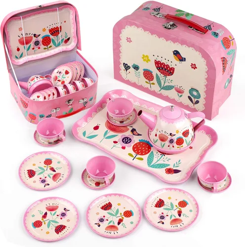 D-FantiX Juego de té para niños y niñas, 15 piezas, juego de fiesta de té de lata rosa para niños pequeños, juego de té de la tarde con teteras de
