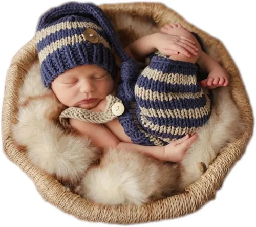Miniatura 6 de Accesorios de fotografía para bebés recién nacidos, accesorios para sesión de fotos, trajes de ganchillo de punto unisex lindo sombrero pantalones