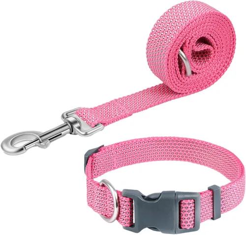 Miniatura 8 de Juego de collar y correa reflectante para perro, correa de nailon para perro con anillo en D de acero resistente, ajustable con hebilla de Cian