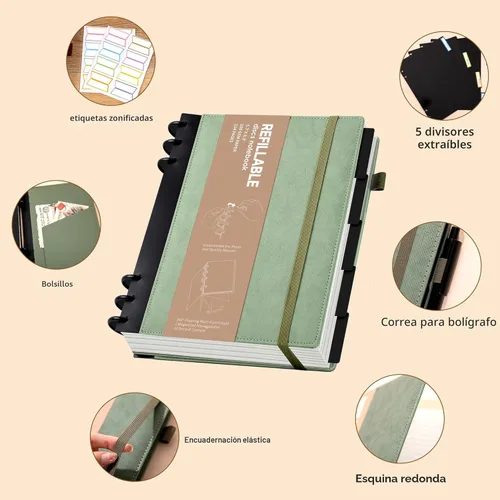 Miniatura 3 de Yoment - Cuaderno de diario de cuero para trabajo, recargable, 224 páginas, 100 GSM, papel grueso, cuaderno de 5 materias con separadores y pestañas