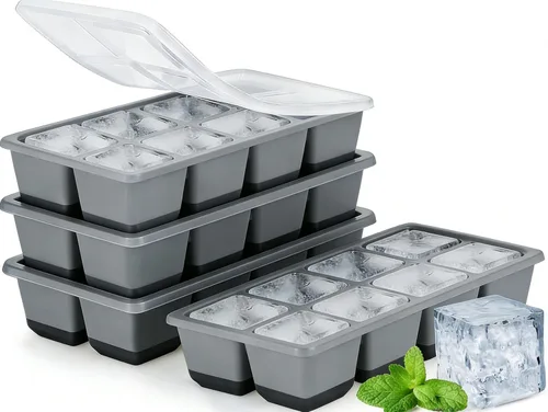 Miniatura 10 de Bandejas grandes para cubitos de hielo con tapa, paquete de 2 moldes apilables de silicona para congelador, fácil liberación, 16 bandejas de hielo