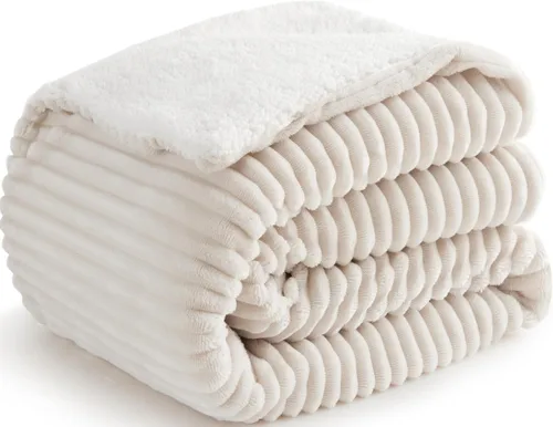 Manta Sherpa para sofá, súper suave y gruesa, manta blanca, mantas cálidas para invierno, manta mullida para sofá cama, forro polar a rayas, crema,