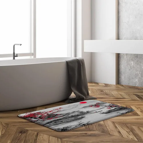Miniatura 2 de Alfombra de baño de decoración asiática, ramas de ciruelo rojo, árboles japoneses, sol y montañas brumosas, arte de tinta tradicional china