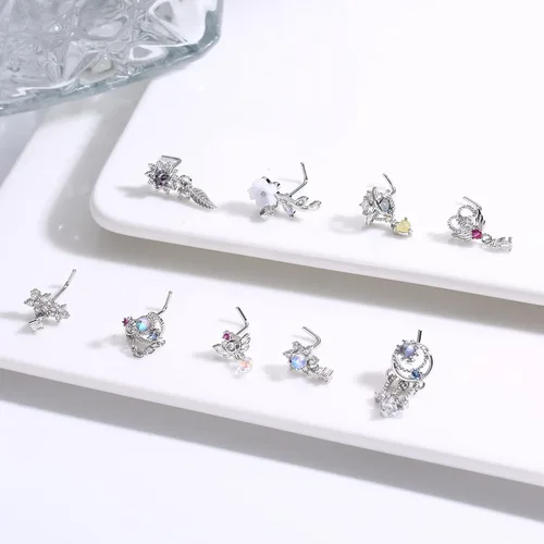 Miniatura 6 de Dochias - 9 aretes colgantes de nariz de 20 G para mujer, de acero inoxidable, en forma de L, corazón, flecha, plumas, copo de nieve, ala de copo