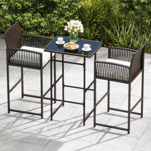 Miniatura 2 de Tangkula Juego de barra de patio de 3 piezas, mesa de metal de altura de barra de mimbre para exteriores de servicio pesado y sillones con cojines
