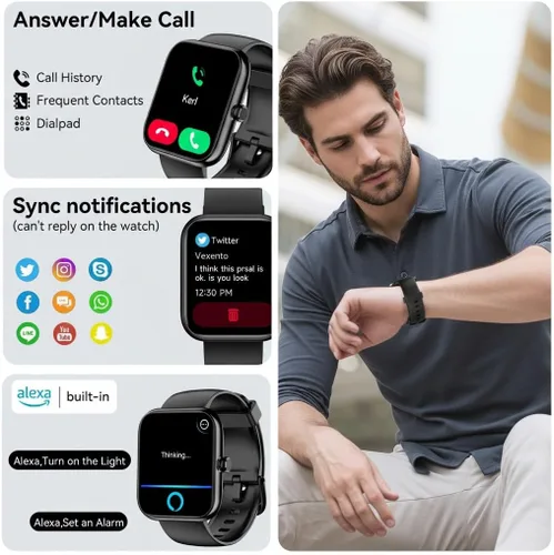 Miniatura 2 de Reloj inteligente con Alexa integrado, llamadas y notificaciones Bluetooth, monitor de salud HD de 1.83 pulgadas, frecuencia cardíaca 24/7 y Negro
