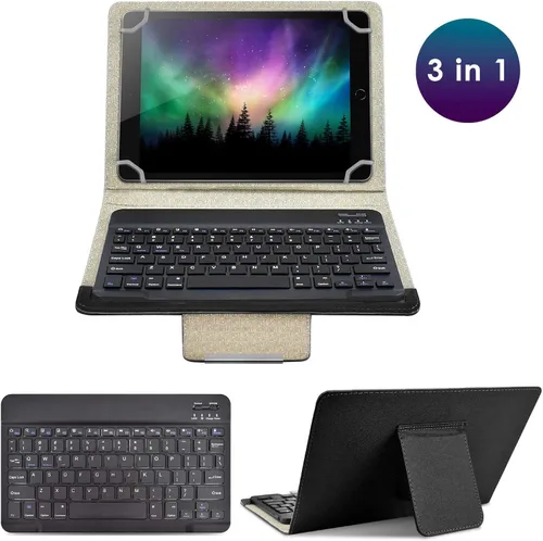 Miniatura 3 de DETUOSI Funda universal para tableta Android de 10.1 pulgadas con teclado, teclado Bluetooth inalámbrico extraíble + funda de cuero sintético +