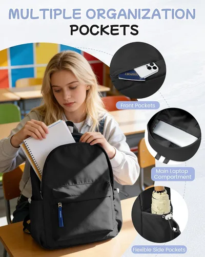 Miniatura 4 de Mochila escolar para adolescentes y niñas, color negro, simple, mochila escolar impermeable, mochila de escuela secundaria para niños, mochila