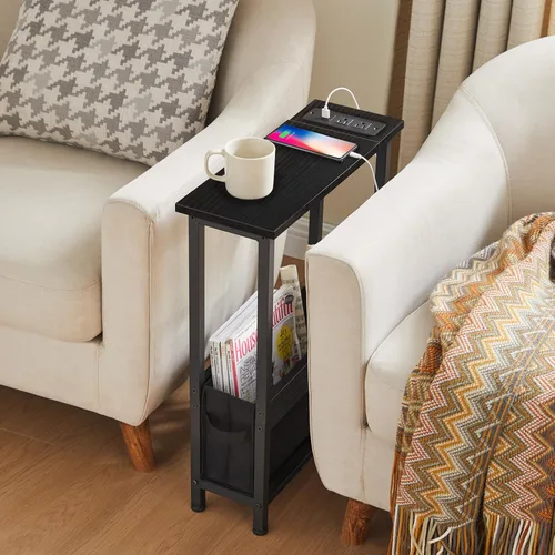 Miniatura 5 de BAMGROW Mesa auxiliar de carga delgada con almacenamiento, para espacios pequeños y dormitorio (negro)