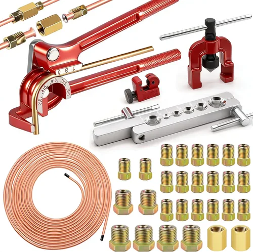 smseace Paquete de 26 Kit de líneas de freno de 1/4 de pulgada Incluye 25 pies de líneas de freno chapadas en cobre con accesorios (16 piezas de