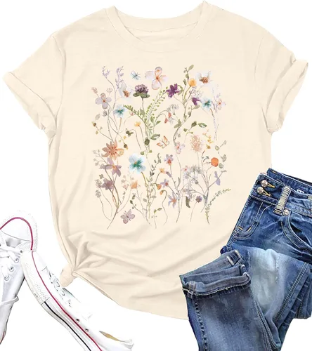 Camiseta de flores bohemias para mujer, camisa gráfica floral vintage, camiseta botánica, camisas de flores silvestres, camiseta para amantes del