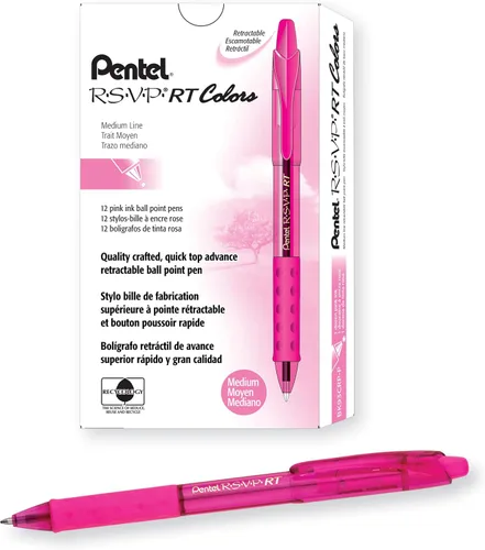 Miniatura 7 de Pentel RSVP RT Colors - Bolígrafo retráctil de punta redonda, línea mediana, barril, tinta rosa, paquete de 2 unidades (BK93CRBP2P)