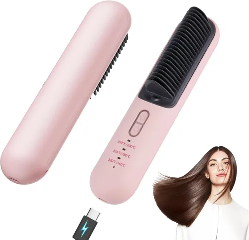 TANSHINE Cepillo alisador de pelo inalámbrico para viajes, peine alisador de cabello pequeño portátil USB-C para mujeres, mini cepillo alisador de
